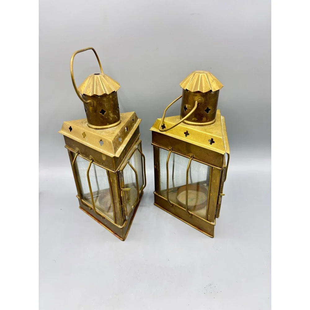 Pair of Vintage Brass Lanterns Candle Holders Glass Panels Decorative Accent